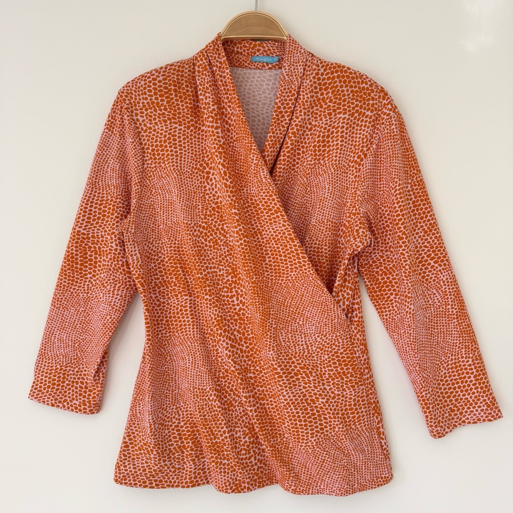 J. McLaughlin Catalina Cloth Vibrant Orange Patterned Faux Wrap Blouse Top Sz M - Picture 6 of 12